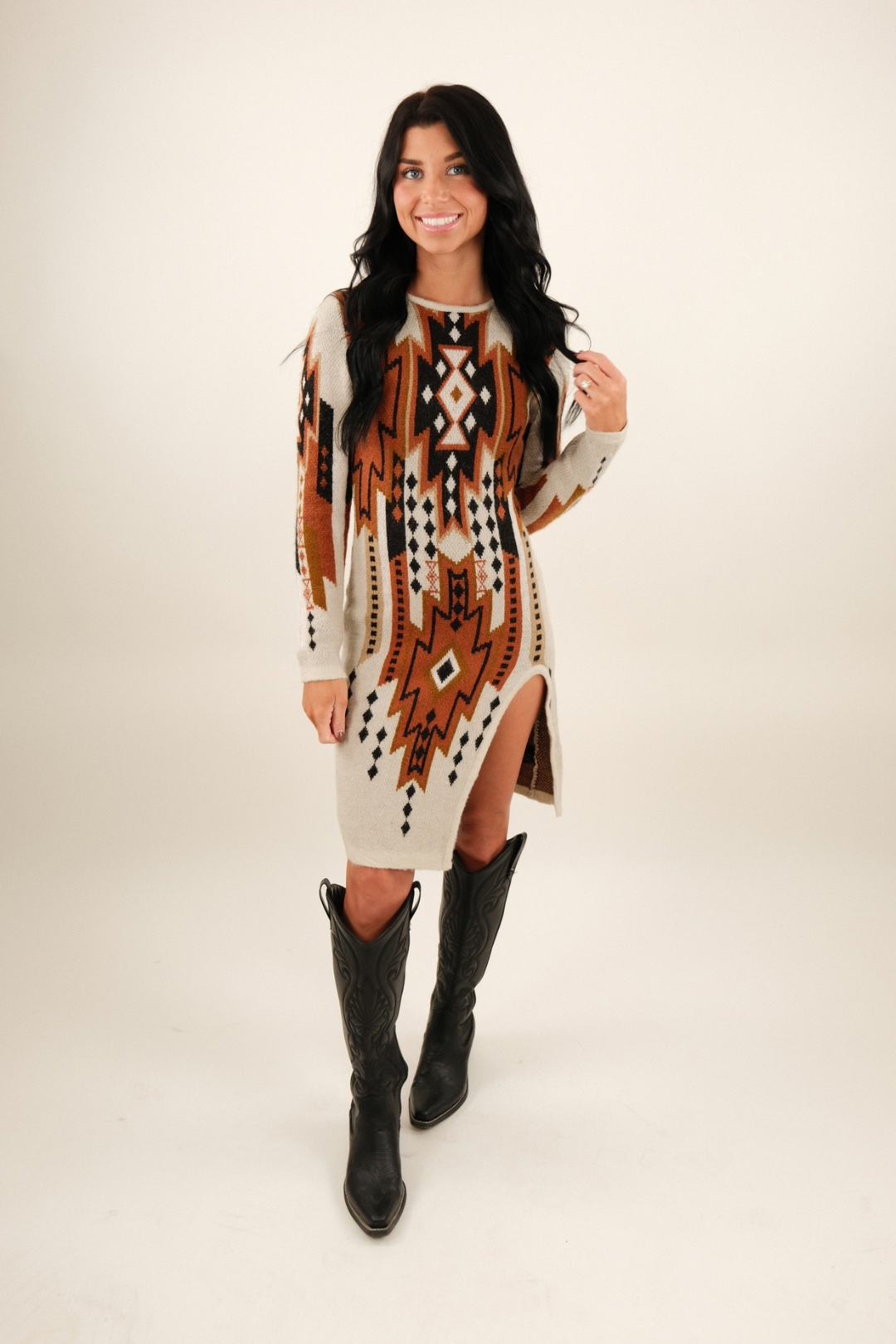 Ivory knitted Sierra Sunset sweater dress with long sleeves, relaxed fit, and ribbed details (women’s western-inspired dress)