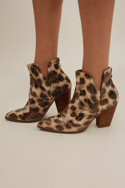 Cream crackle cheetah booties with pointed toe, western stitching and back pull tab (women’s ankle boots)