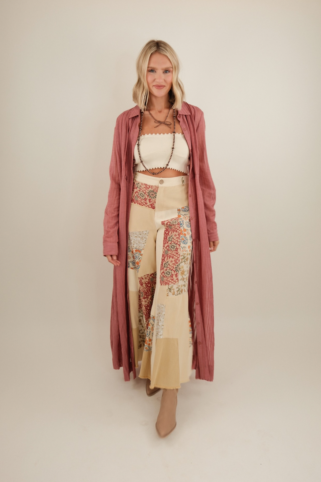 Women’s Stargazer Star Duster, lightweight gauzy long sleeve western duster in semi-sheer fabric, styled as shirt dress or layering piece.