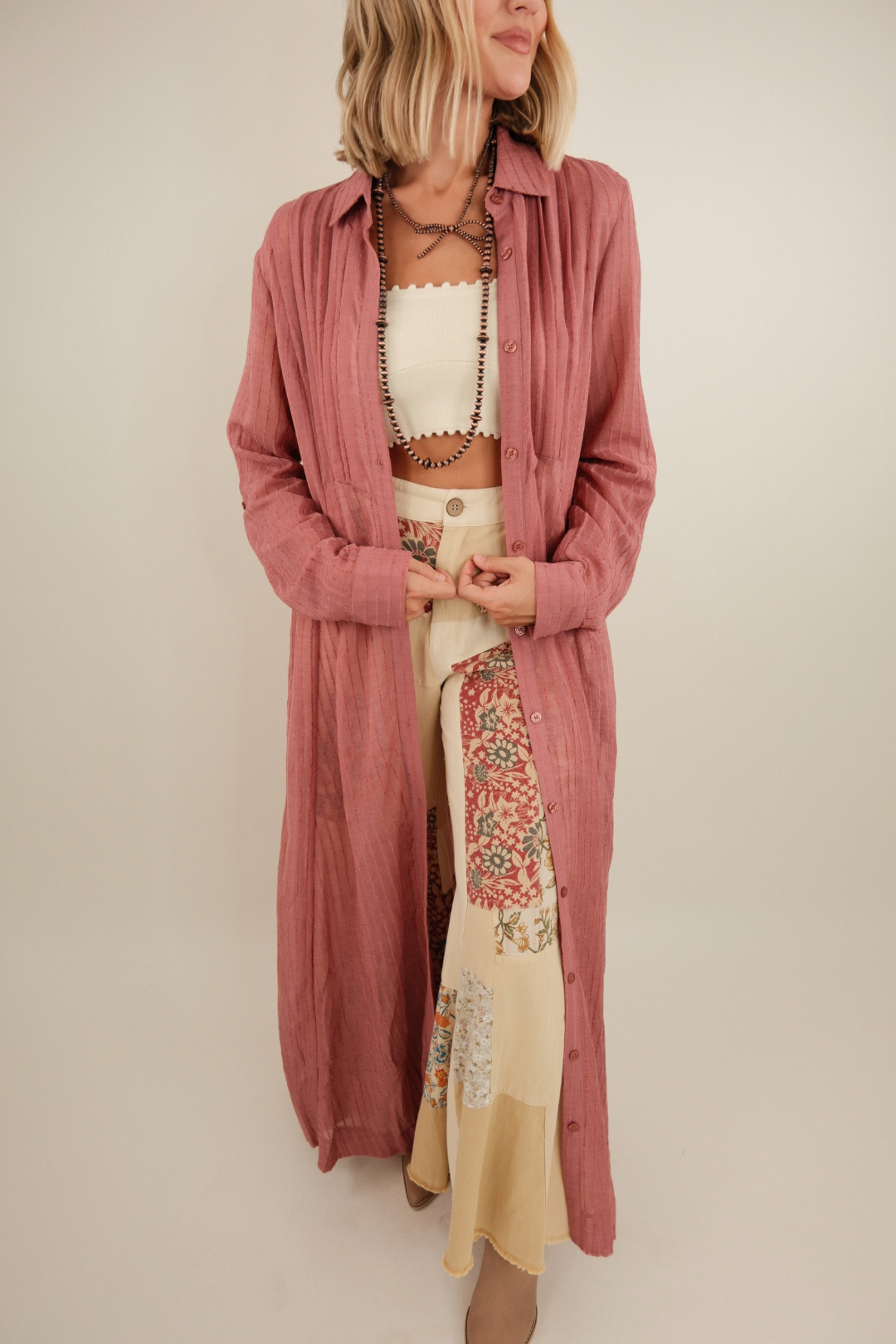 Front view of Stargazer Star Duster, dreamy semi-sheer western duster with button-down front and lightweight flowy fit.