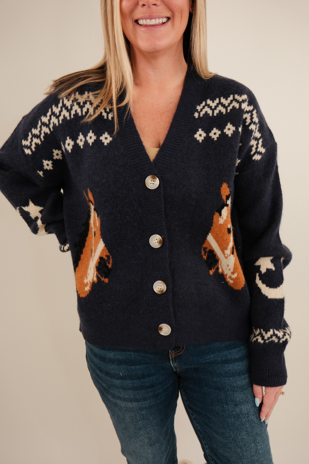 Women’s Starlight Mustang Cardigan, navy knit western cardigan with galloping horse motifs and button-up cowgirl sweater style.