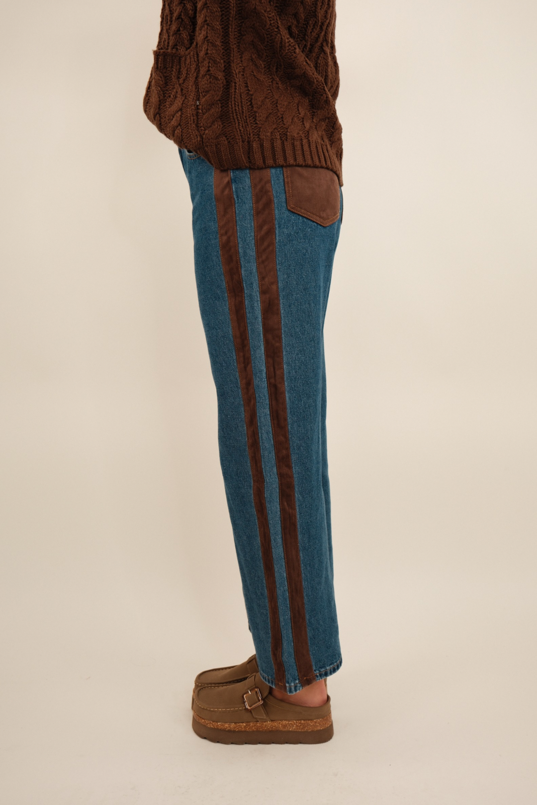 Side view of Sundance straight leg denim jeans, showing relaxed thigh and straight leg cut.