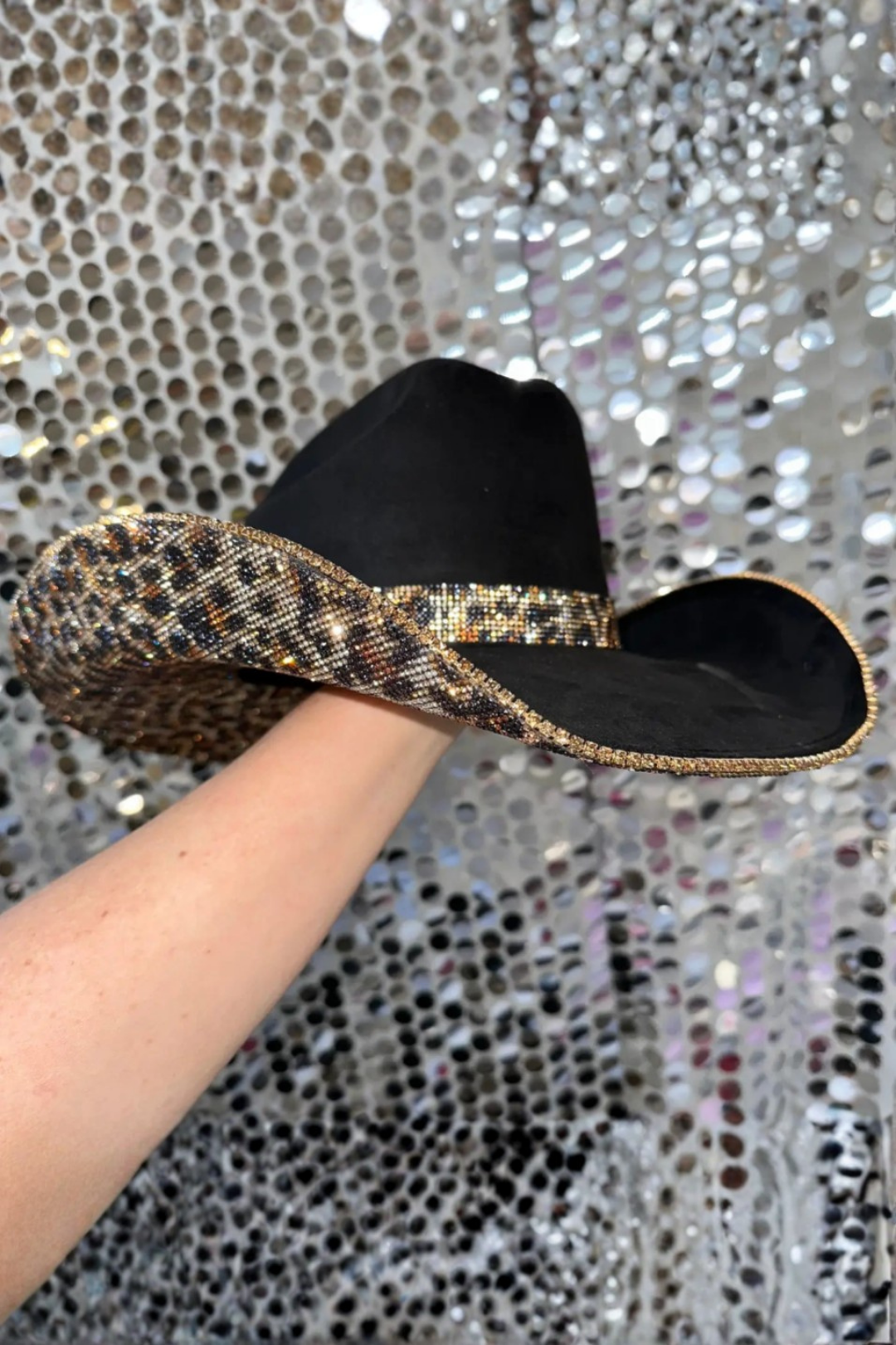 Rhinestone Cowgirl Hat - Black Suede Brown Leopard