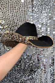 Rhinestone Cowgirl Hat - Black Suede Brown Leopard