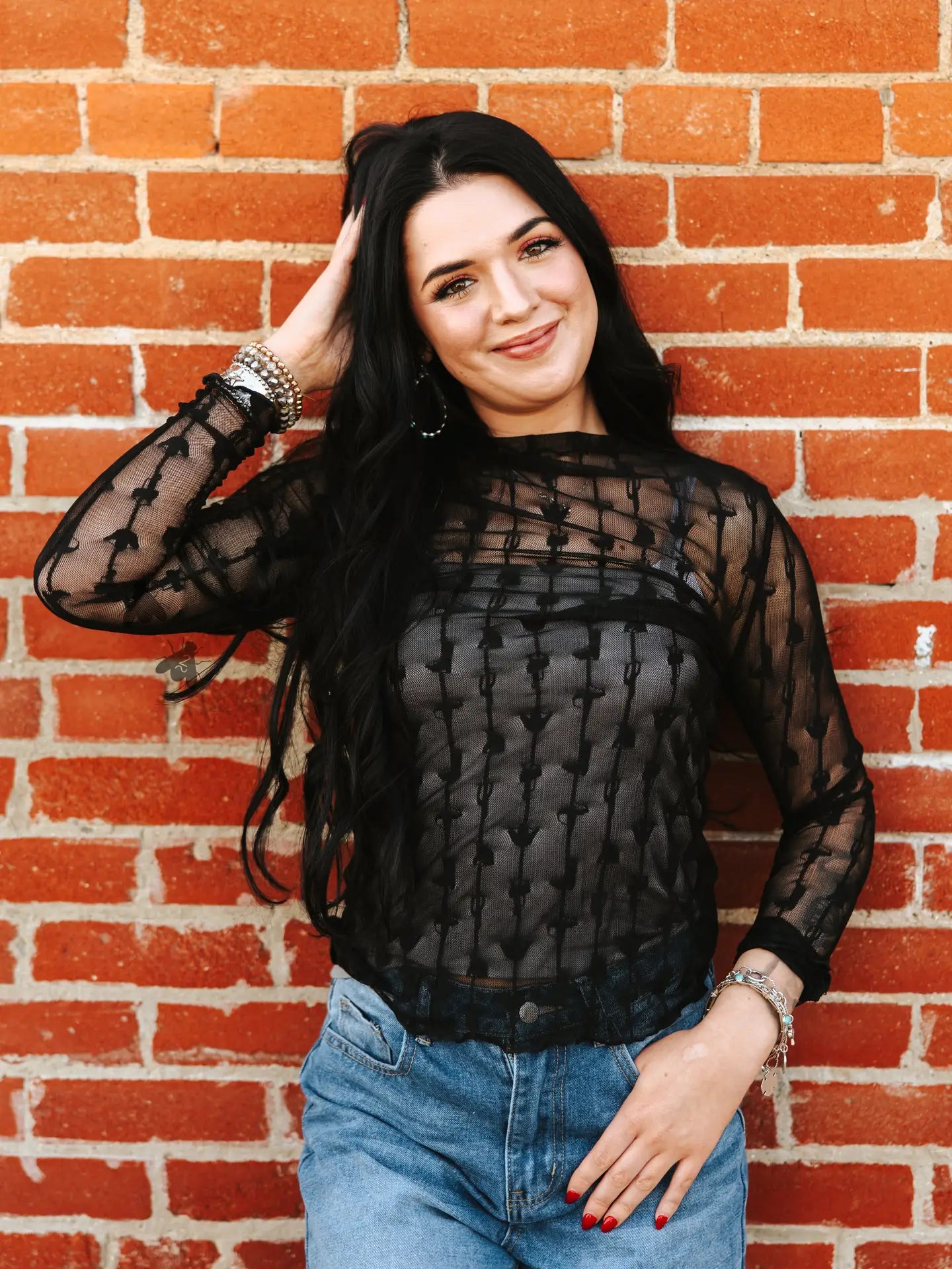 Lariat Lace Long Sleeve Mesh Top